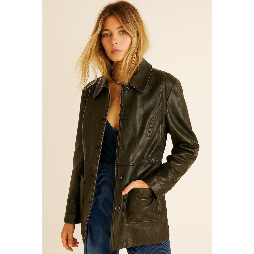 Kenneth Cole Reaction Womens Black Soft Leather Coat Snap Button Jacket S